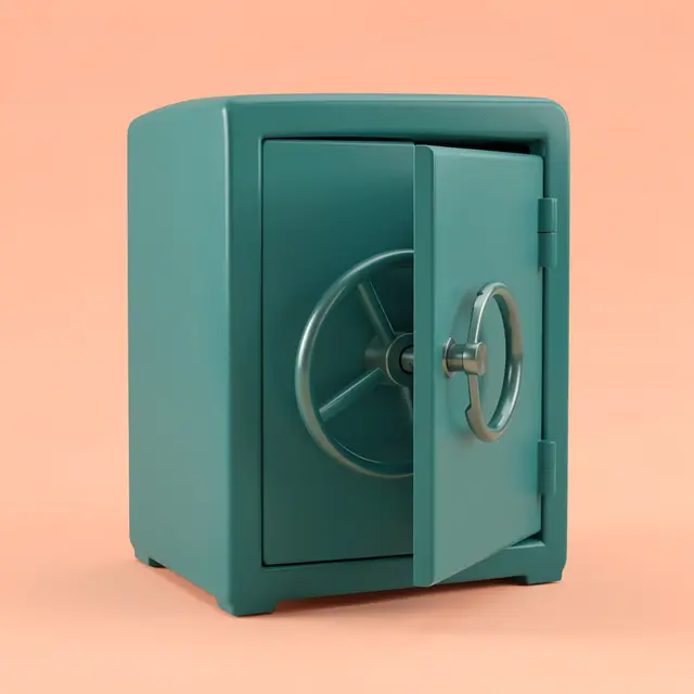 A teal metal safe with a spoked round handle sits ajar against a pastel peach background