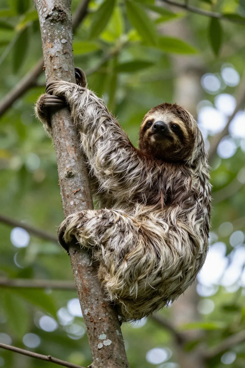 A furry sloth grips a slender tree trunk while looking down from a forest canopy.
