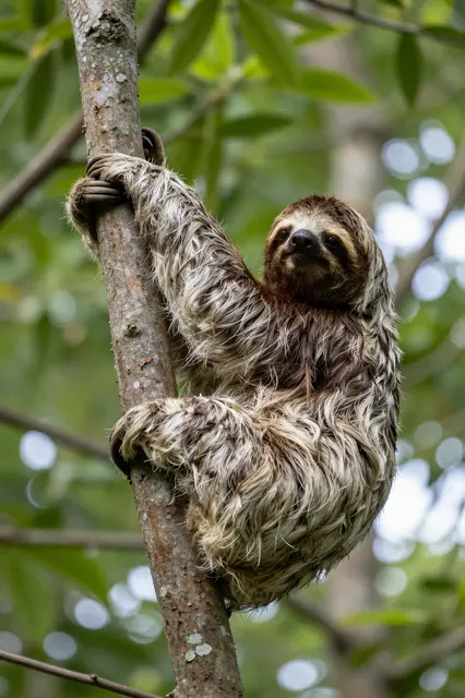 A furry sloth grips a slender tree trunk while looking down from a forest canopy.