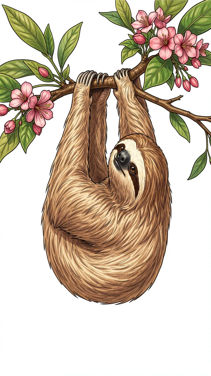 A fluffy brown sloth hangs from a flowering branch with pink blossoms against a plain white background