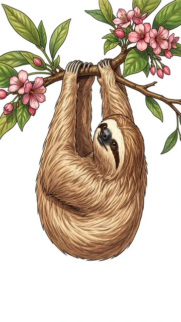 A fluffy brown sloth hangs from a flowering branch with pink blossoms against a plain white background