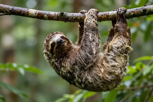 A furry three-toed sloth hangs upright from a rainforest tree branch and looks toward the camera