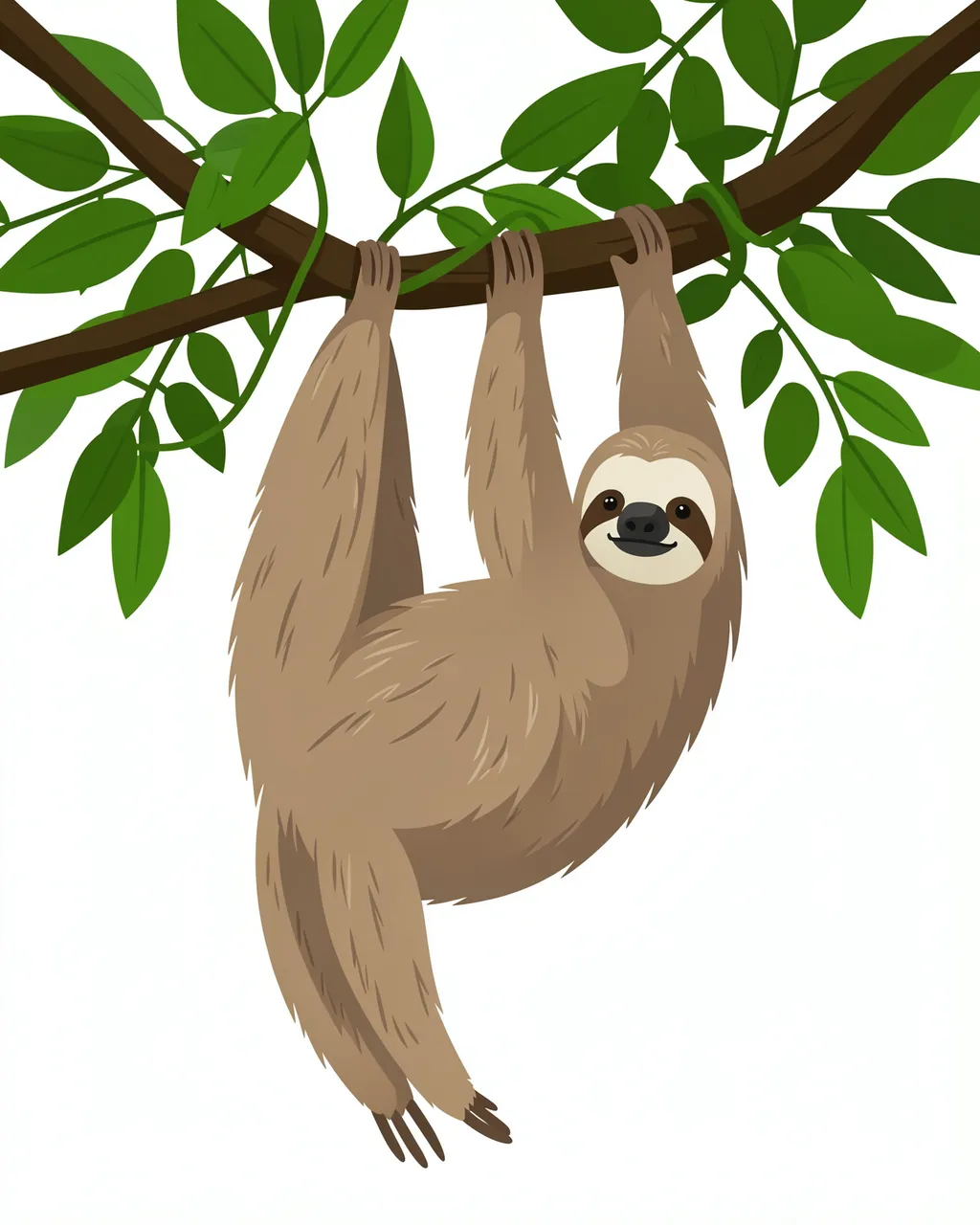 A friendly three-toed sloth hangs upside down from a vine-wrapped leafy tree branch against a plain white background
