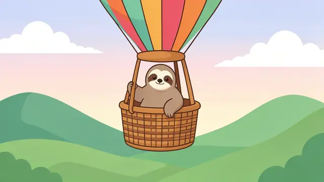 Cute cartoon sloth rides in a striped hot air balloon above rolling green hills under a pastel sky