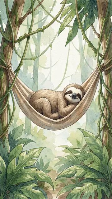 Cute watercolor sloth rests in a fabric hammock strung between jungle tree trunks and vines