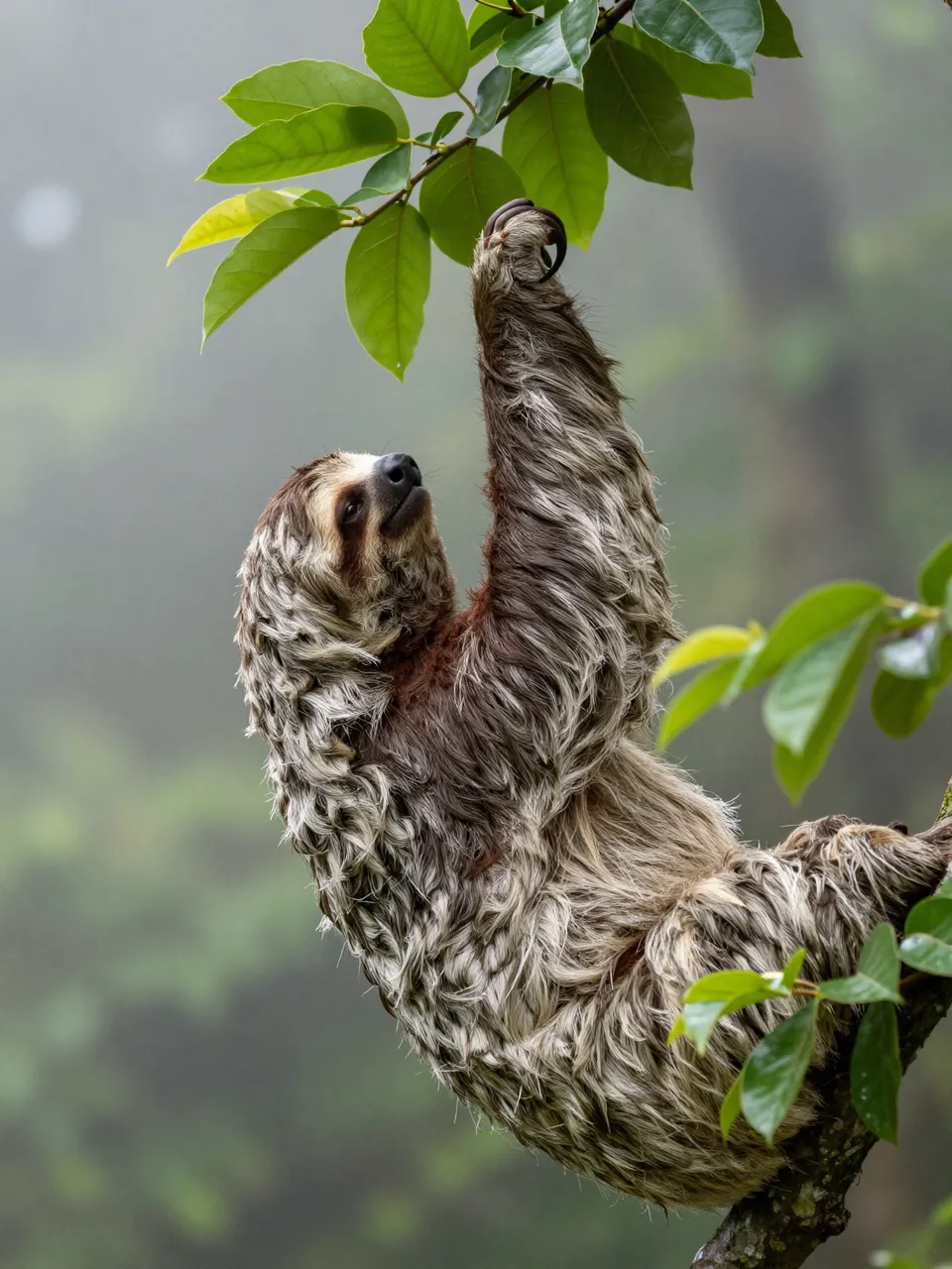 A sloth reaches upward toward green tree leaves while perched on a branch in a foggy cloud forest.