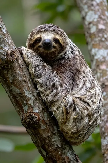 A shaggy sloth grips a tree branch while resting in a tree fork, facing the camera directly.