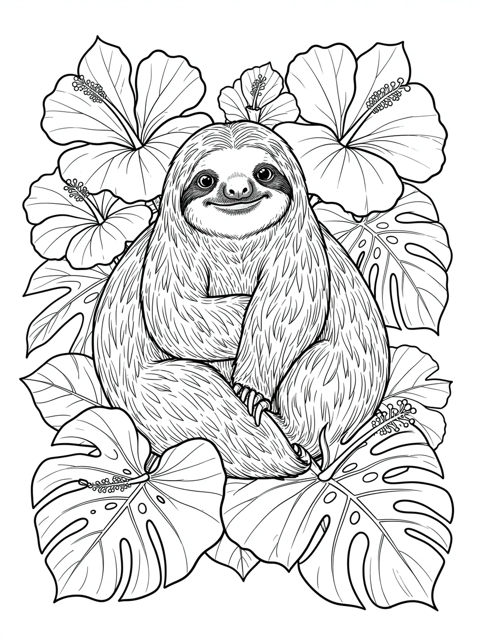 Black and white line art of a smiling sloth surrounded by hibiscus flowers and monstera leaves on a plain white background