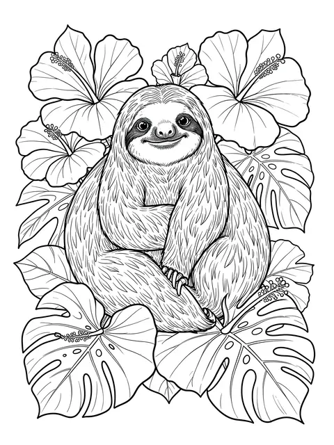 Black and white line art of a smiling sloth surrounded by hibiscus flowers and monstera leaves on a plain white background
