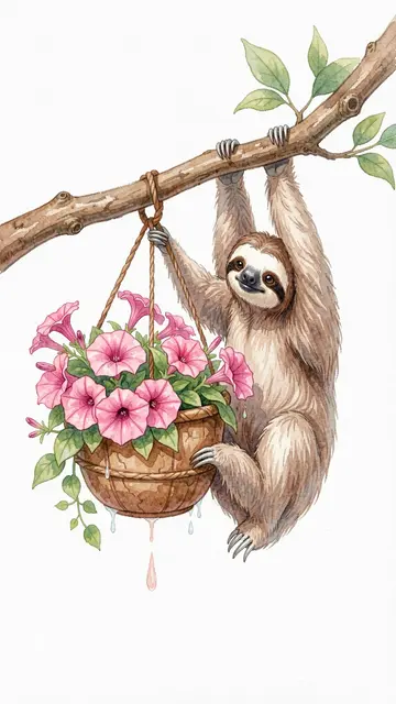 A cute watercolor sloth dangling from a branch next to a hanging basket of pink petunias with dripping water droplets.