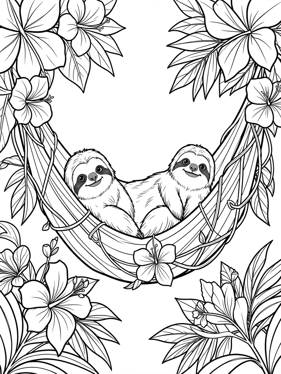 Black and white line art showing two sloths resting in a vine hammock framed by tropical flowers