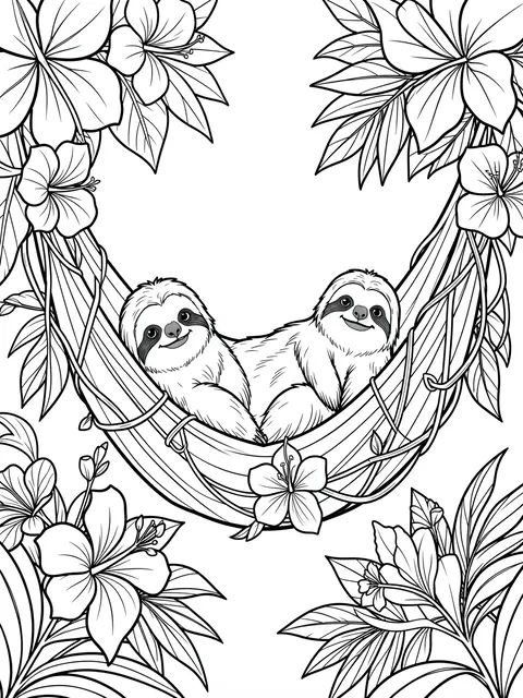 Black and white line art showing two sloths resting in a vine hammock framed by tropical flowers