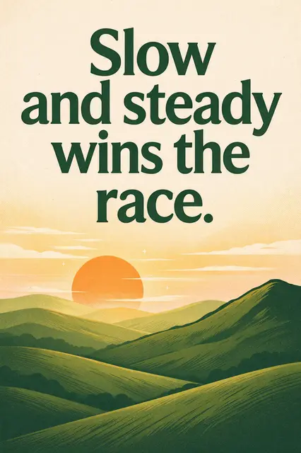 Vintage travel poster illustration of a sunrise over rolling green hills with the quote "Slow and steady wins the race."