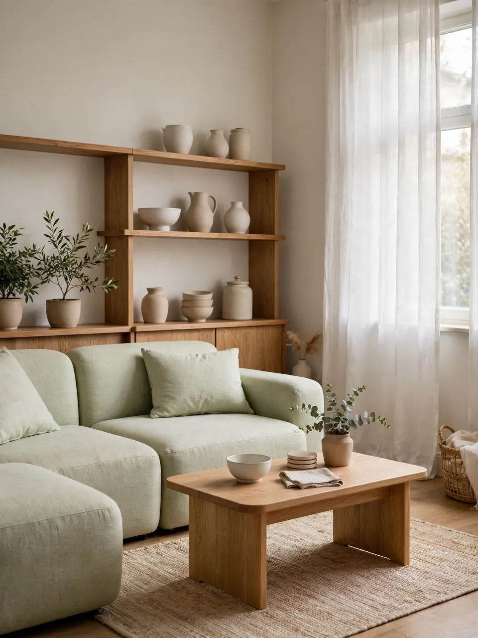 Softly lit minimalist small apartment living room with pale green sofa and oak shelving of plain ceramics