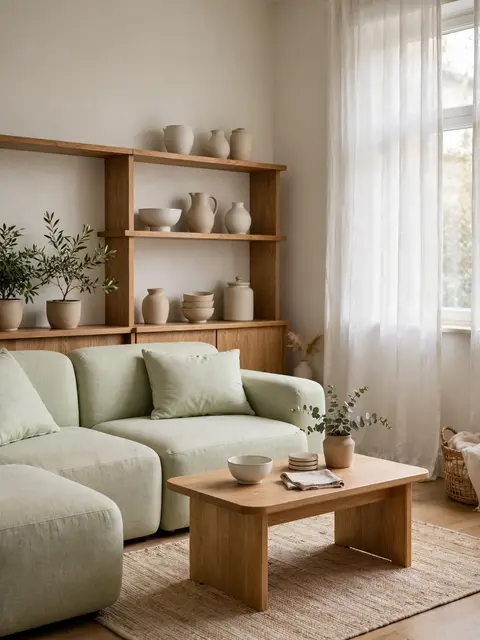 Softly lit minimalist small apartment living room with pale green sofa and oak shelving of plain ceramics