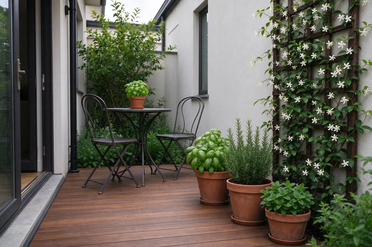 Compact wooden back deck with metal bistro set, potted herbs, and jasmine on a trellis beside a home entrance