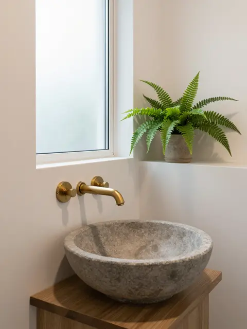 Stone vessel basin with brass wall faucet, frosted window, and potted fern in a compact bathroom corner.