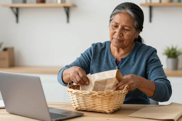 Mature woman wrapping a woven basket in brown paper at a wooden work desk with a laptop