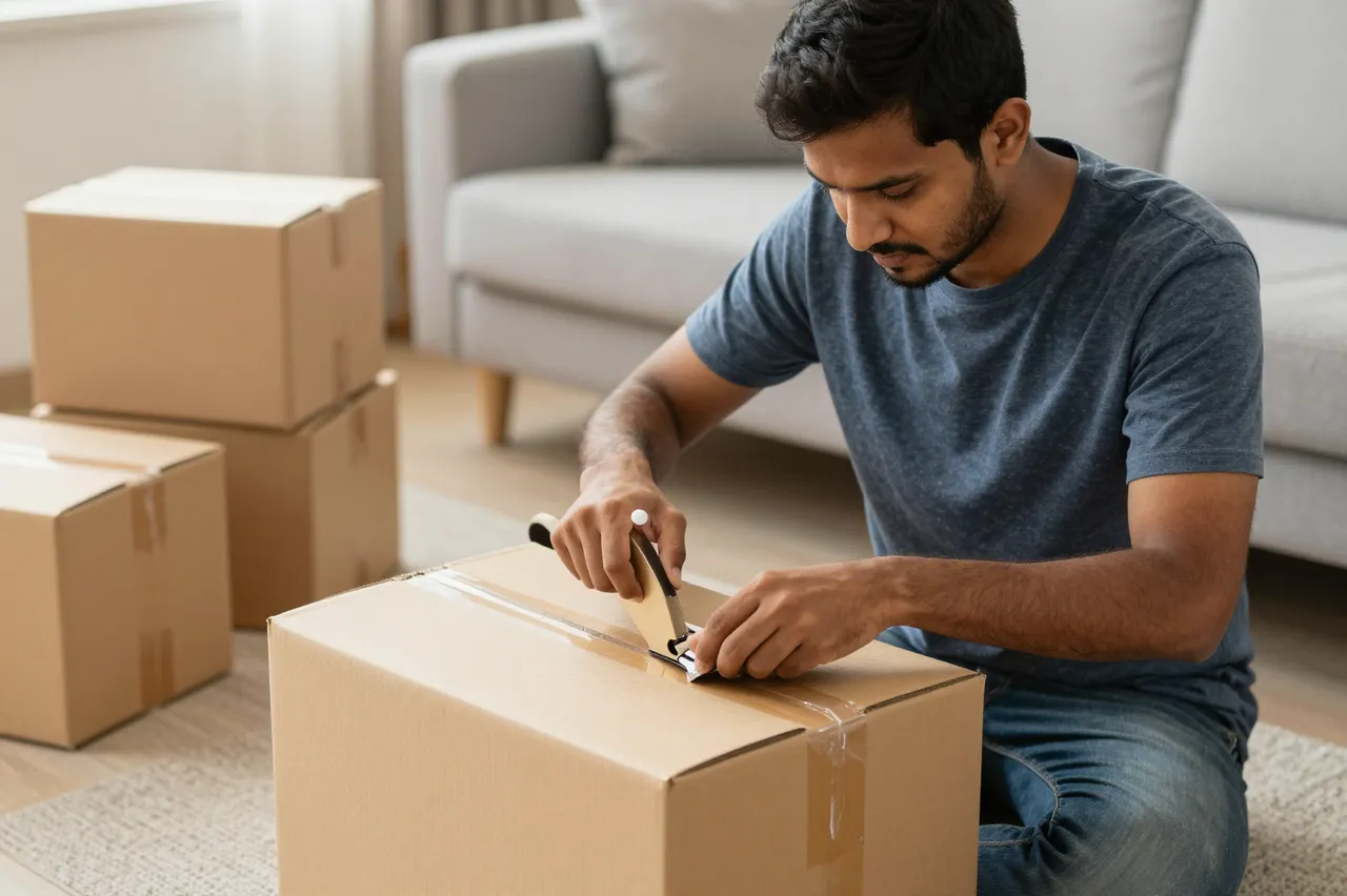 South Asian man sits on a living room floor taping a cardboard shipping box with a tape dispenser.