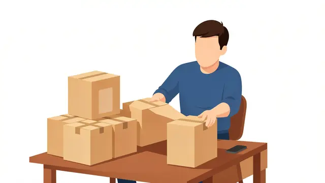 Faceless man sits at a table arranging plain cardboard shipping boxes for order fulfillment