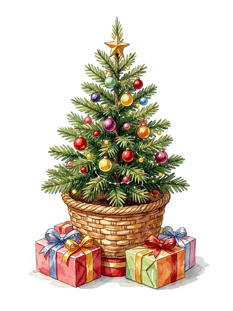 Watercolor illustration of a decorated miniature Christmas tree in a woven basket with wrapped gift boxes below it.