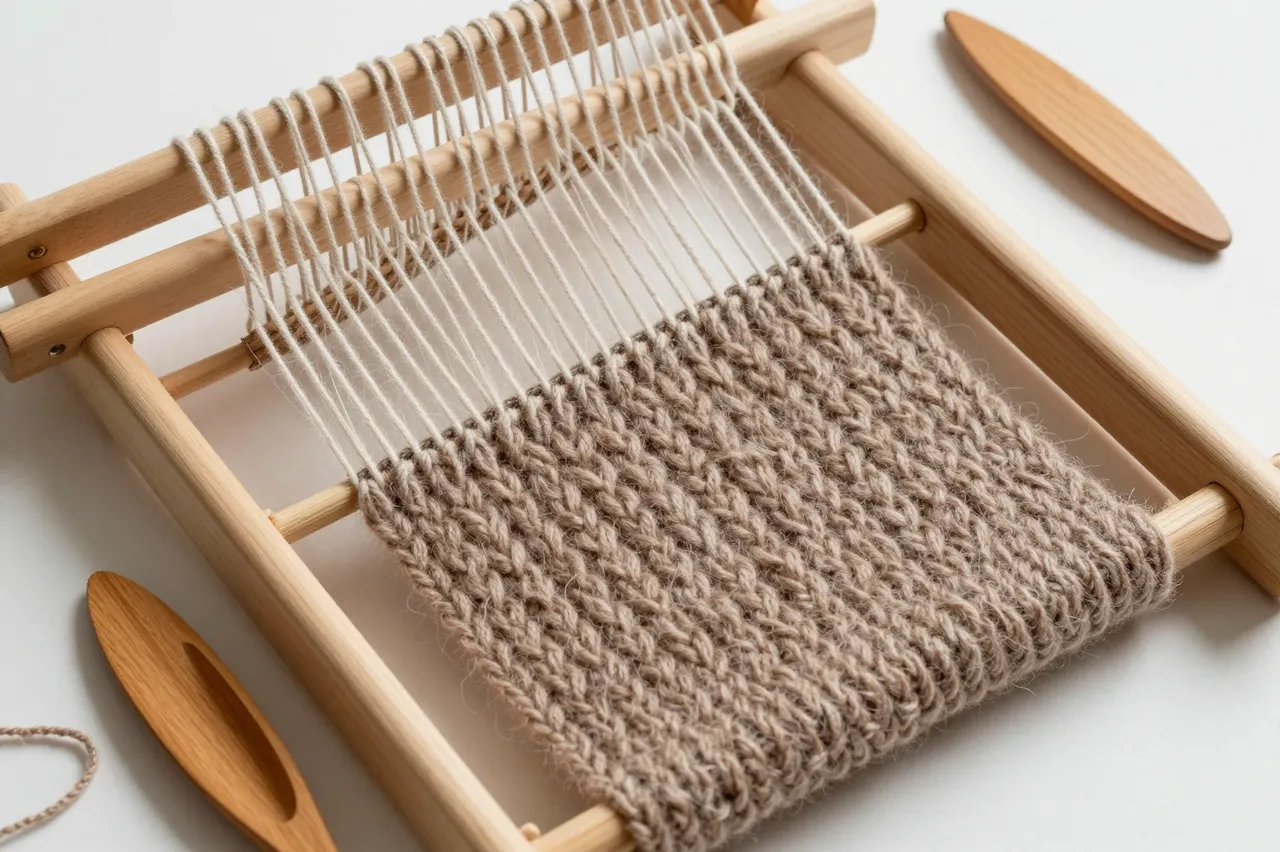 A wooden frame loom with half-woven earthy wool sits with weaving shuttles on a plain white surface