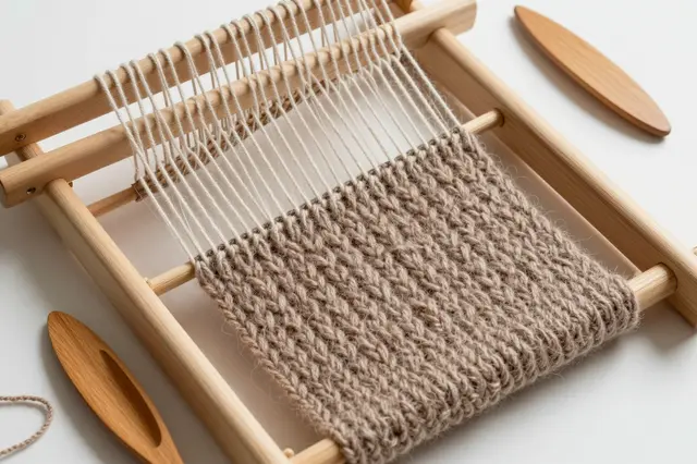 A wooden frame loom with half-woven earthy wool sits with weaving shuttles on a plain white surface