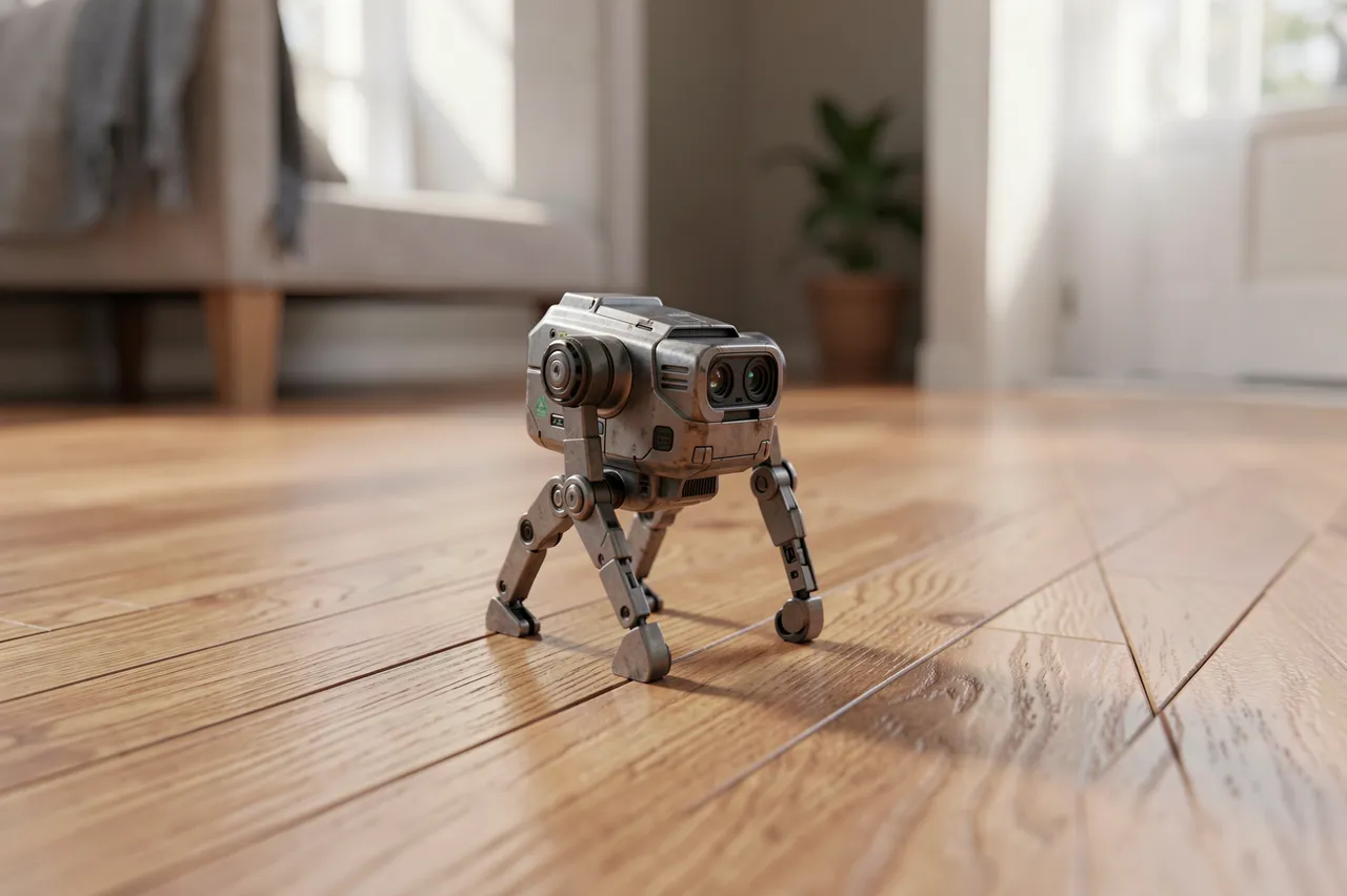 A small metallic four-legged robot stands on a hardwood floor inside a sunlit home living room