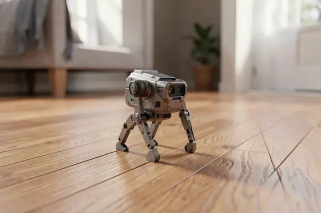 A small metallic four-legged robot stands on a hardwood floor inside a sunlit home living room