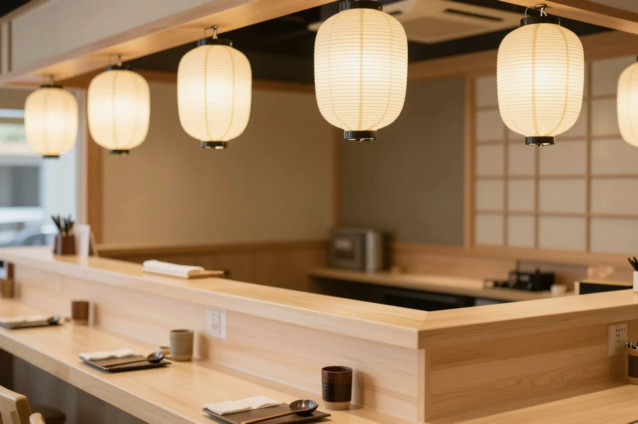 Empty light wood Japanese restaurant counter lined with glowing paper lanterns and set place settings