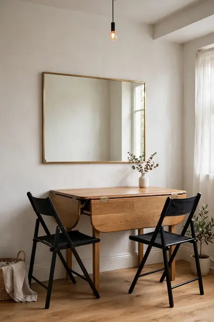 Drop-leaf wooden table with two black folding chairs beneath a gold framed wall mirror in a bright neutral dining corner.