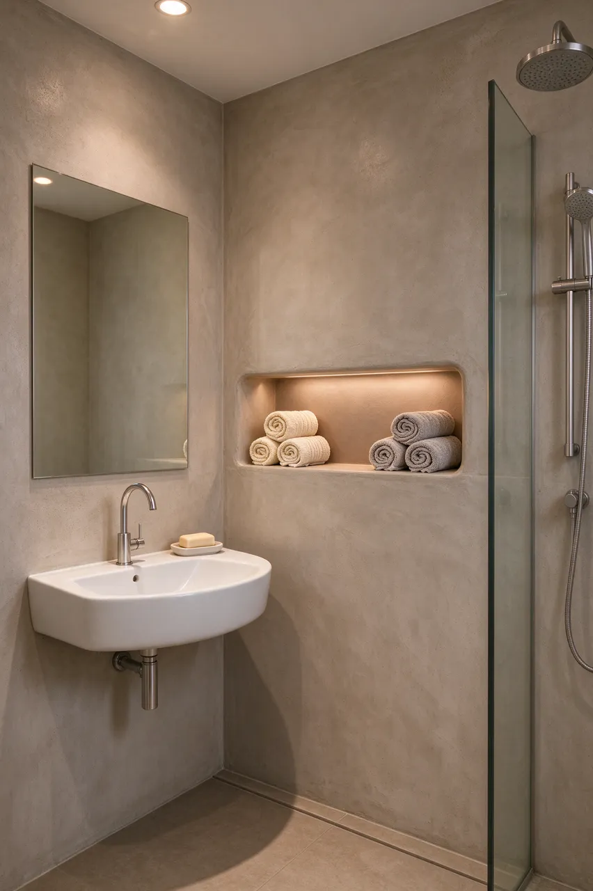 Minimalist small bathroom with microcement walls, corner sink, lit recessed towel niche and shower enclosure
