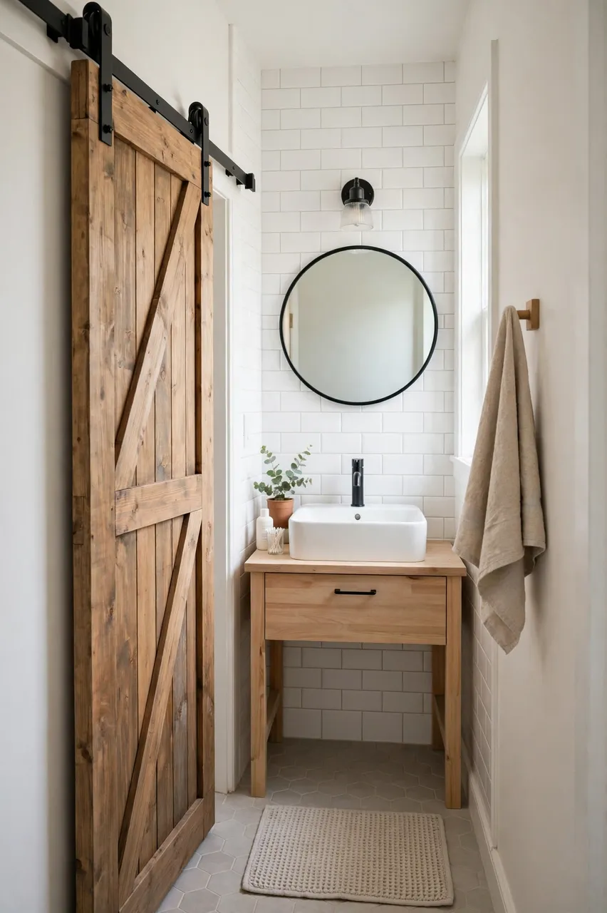 Tidy narrow bathroom with wooden sliding barn door, light vanity, round mirror, and hanging linen towel lit by soft daylight.
