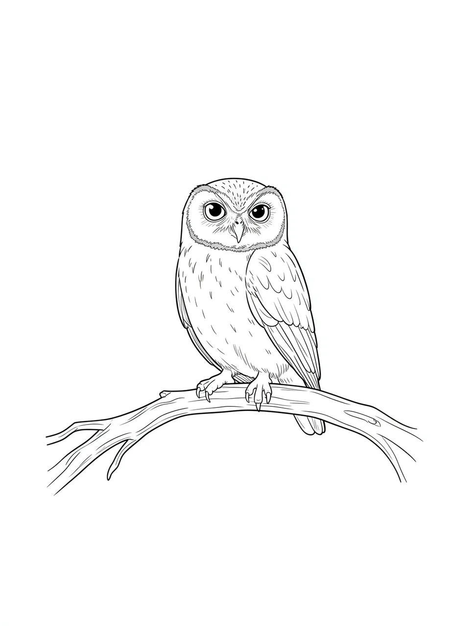 Delicate fine line drawing of a small owl perched on a curved branch against a plain white background