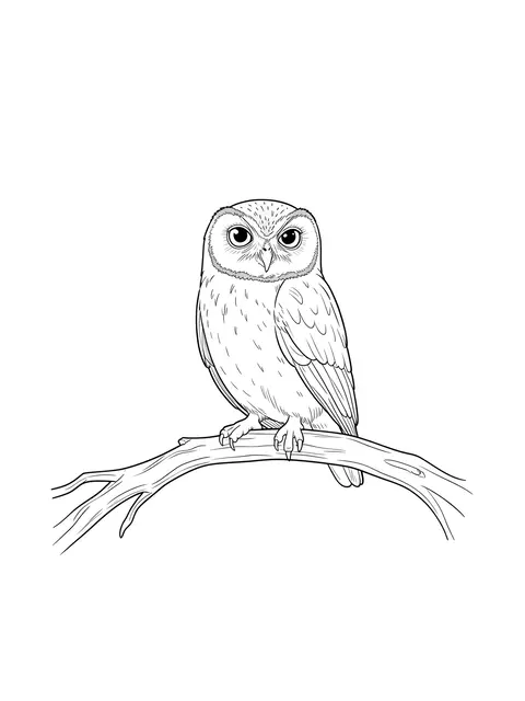 Delicate fine line drawing of a small owl perched on a curved branch against a plain white background