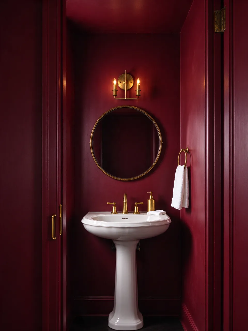 A compact bathroom with oxblood walls, white pedestal sink, brass fixtures and round gold mirror