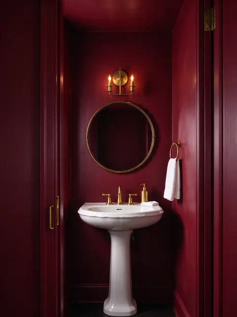 A compact bathroom with oxblood walls, white pedestal sink, brass fixtures and round gold mirror