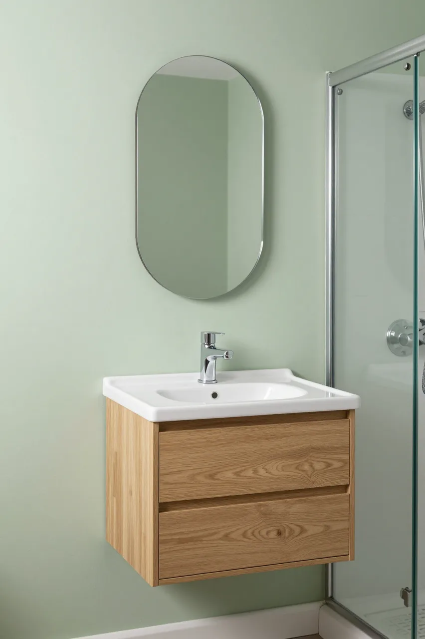 Wall mounted oak vanity, oval mirror and glass shower in a pale green small bathroom