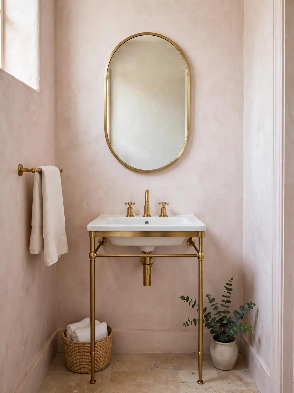 Slim brass console sink with oval mirror sits against pale pink plaster bathroom walls