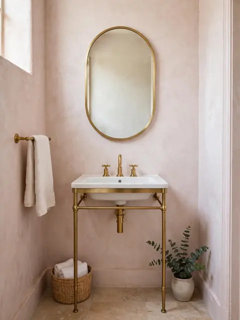 Slim brass console sink with oval mirror sits against pale pink plaster bathroom walls