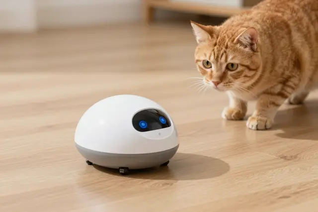 A small white rolling robot sits on a sunny wooden floor facing a curious ginger tabby cat.