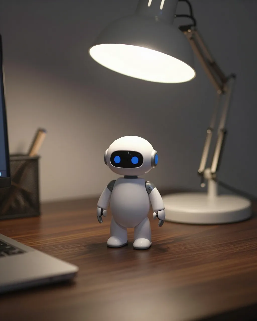 A small white robot figurine sits under a lit desk lamp on a dark wooden desk at night