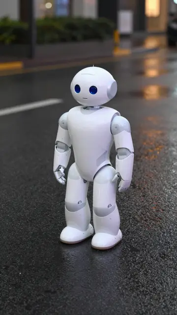 A small white humanoid robot stands alone on a rain-slicked city street at night with warm light reflections.