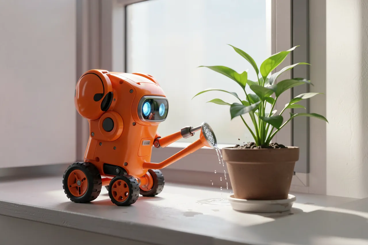 An orange wheeled robot holds a watering can to water a potted plant on a bright windowsill