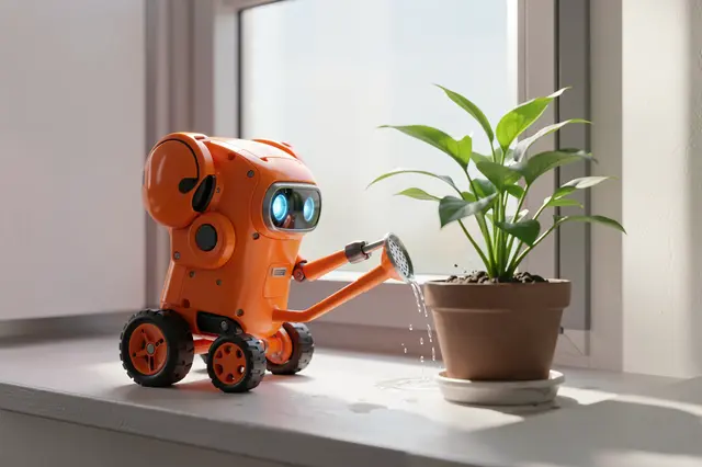 An orange wheeled robot holds a watering can to water a potted plant on a bright windowsill