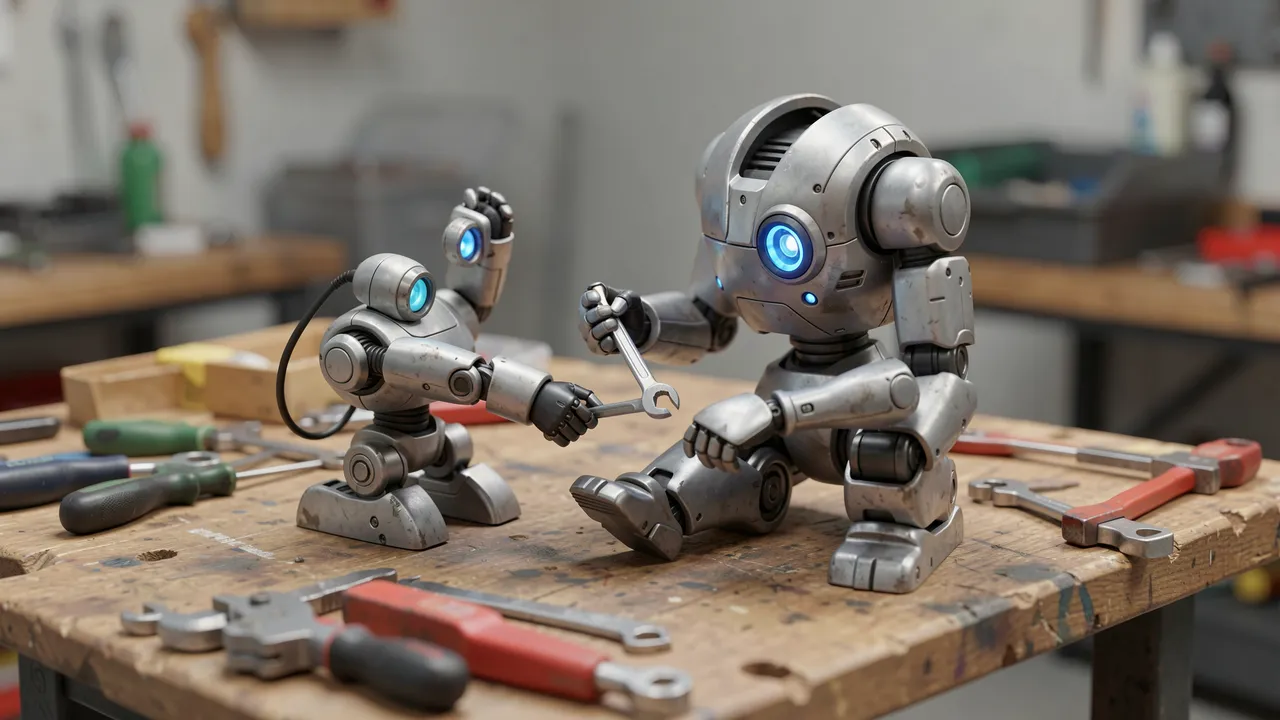Two tiny metallic robots exchange a wrench while working on a scuffed wooden workbench in a workshop