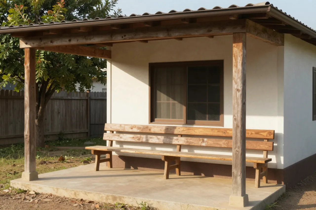 Unoccupied small rural health post with shaded wooden veranda and benches in warm afternoon light