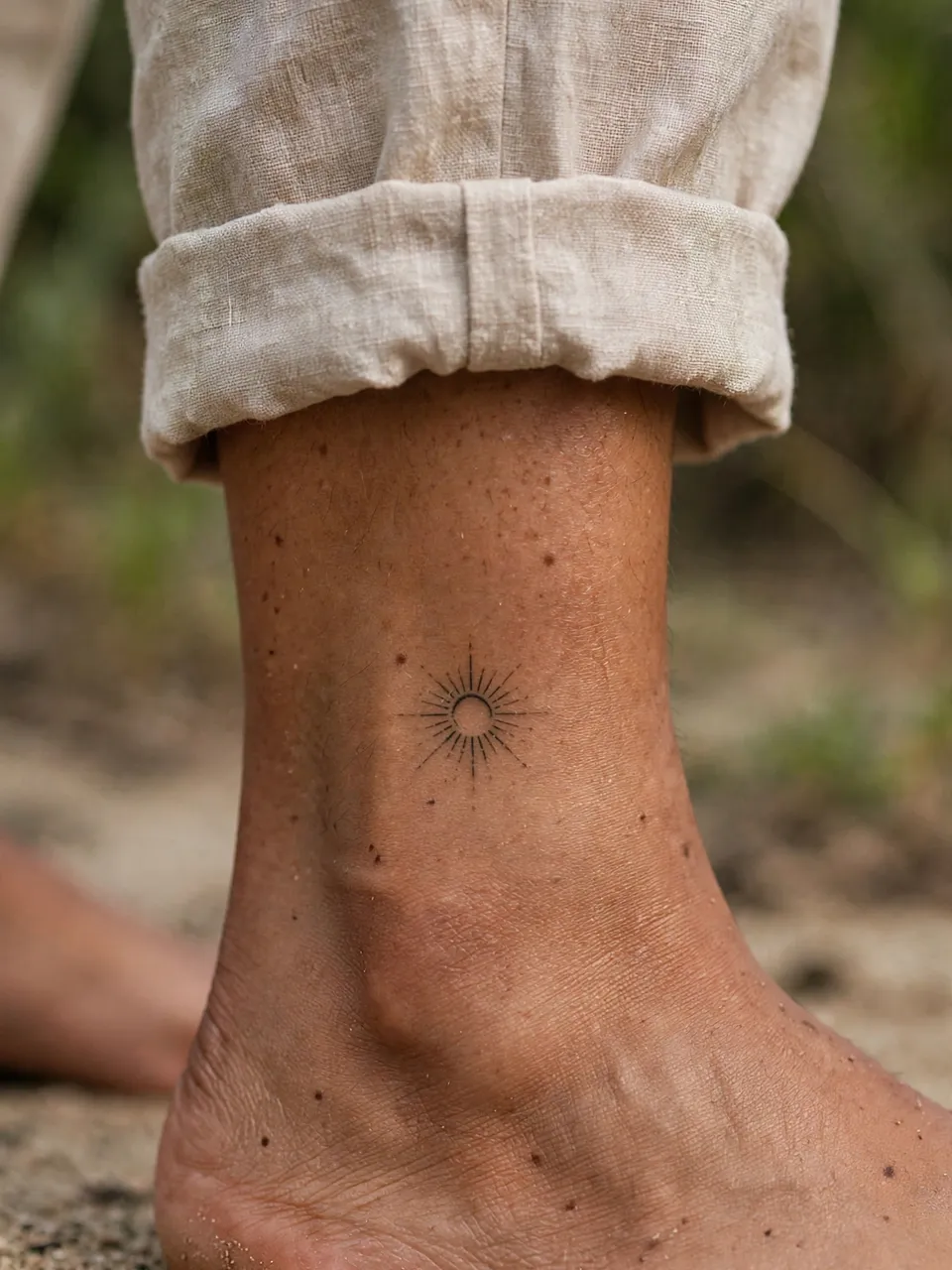 Close-up of a fine line sun tattoo on the ankle of a person wearing cuffed linen trousers