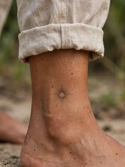 Close-up of a fine line sun tattoo on the ankle of a person wearing cuffed linen trousers