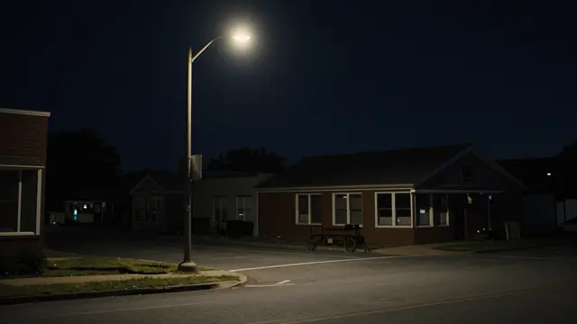 A single glowing streetlamp illuminates a quiet small town crossroads after dark